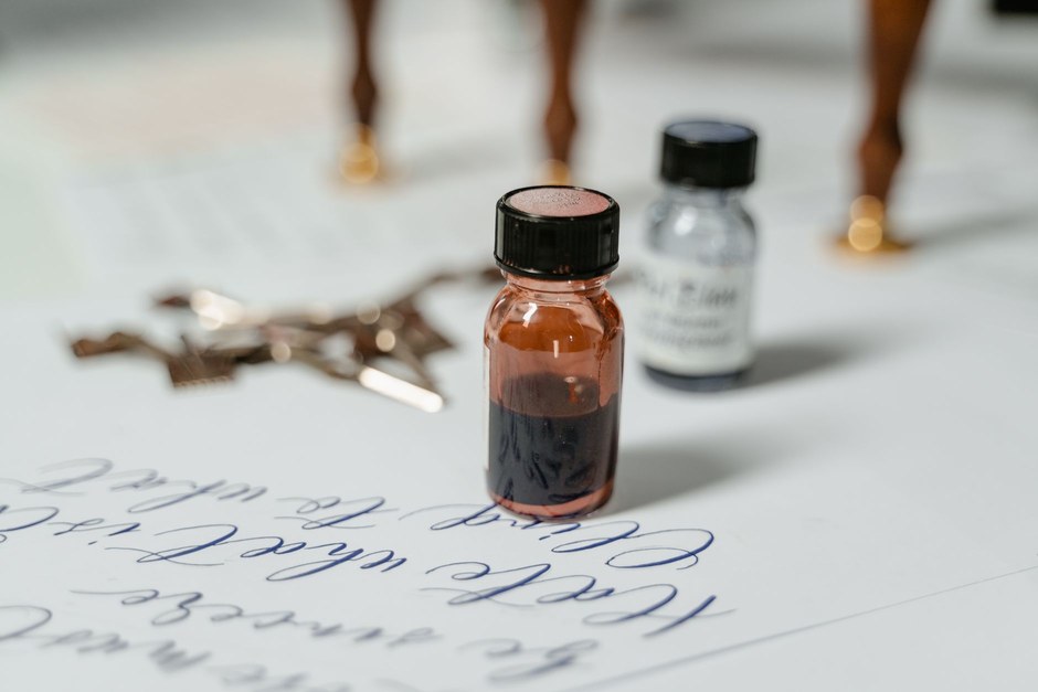 Small ink bottle standing on a sheet of handwritten calligraphy practice