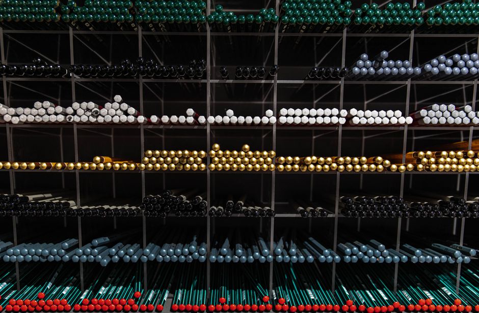 Stationery store display with products on shelves